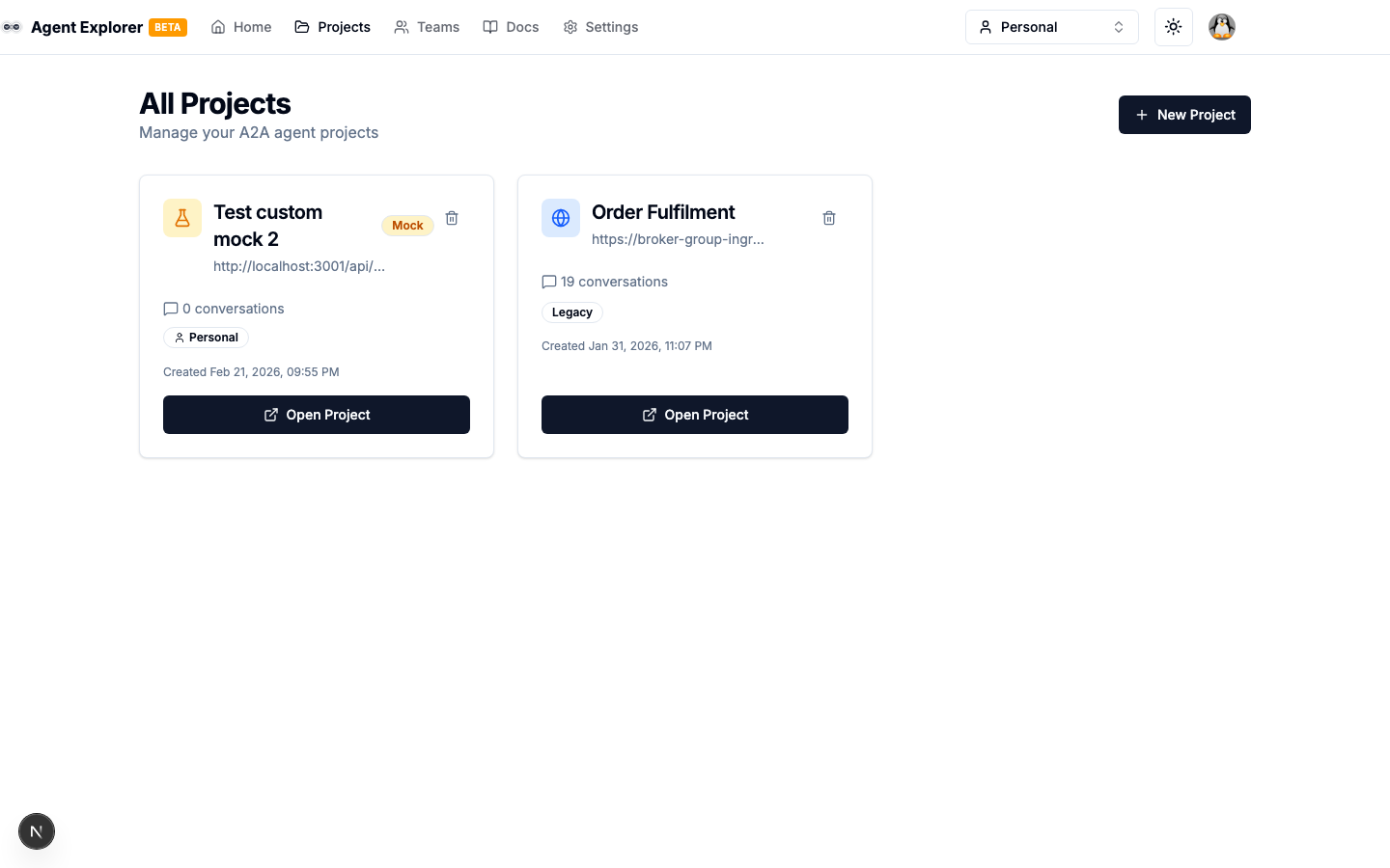 Projects list showing external and mock agent projects